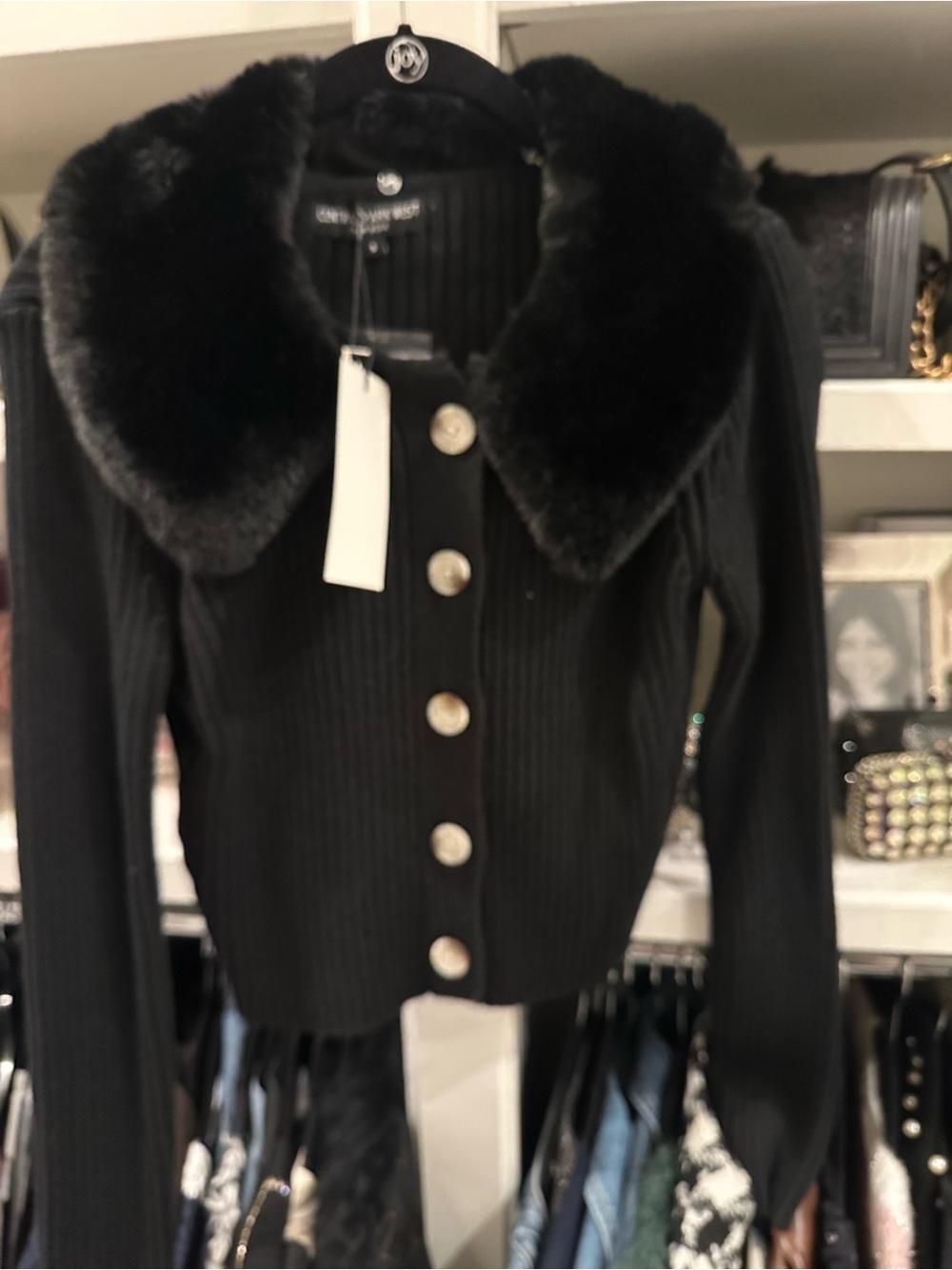 Central Park West Black Ribbed Button Jacket with Faux-Fur Collar